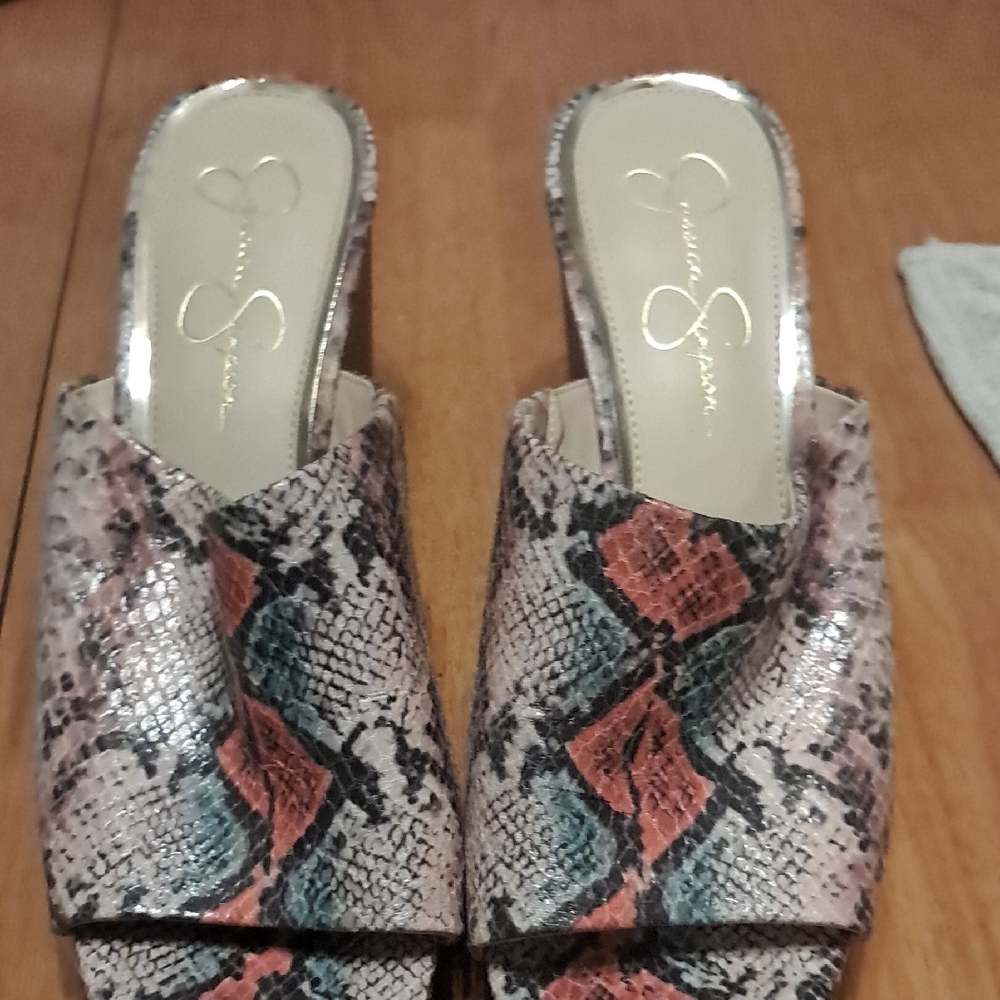 Jessica Simpson Pink and Black Snake Print Wedges